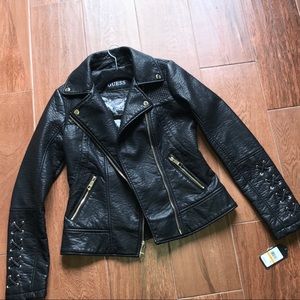 GUESS Faux-Leather Black Moto Biker Jacket